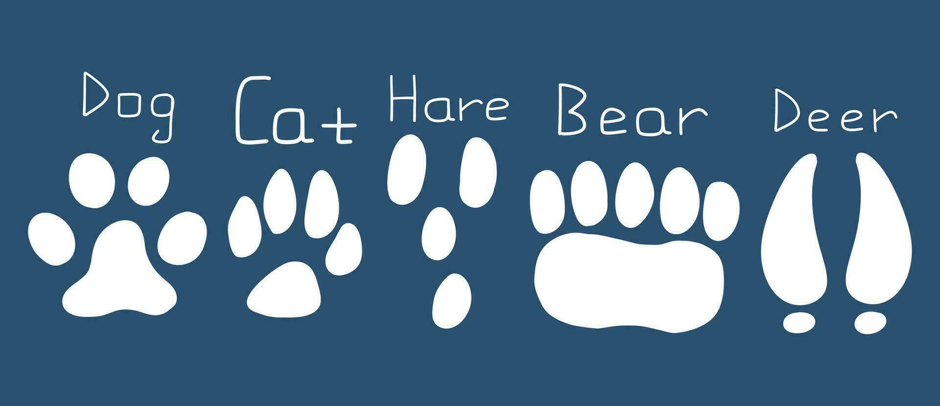 Set of footprints of different animals, cat, dog, bear, hare, deer. Vector hand drawn illustration