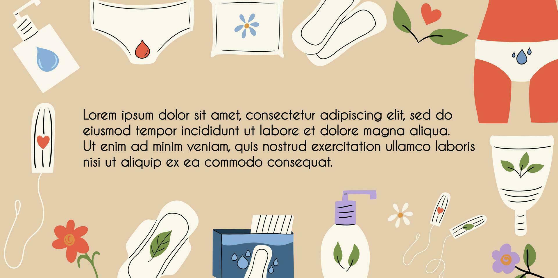 Template, banner with feminine personal intimate hygiene products. Pads, intimate gel, menstrual cup, tampons. Vector illustration