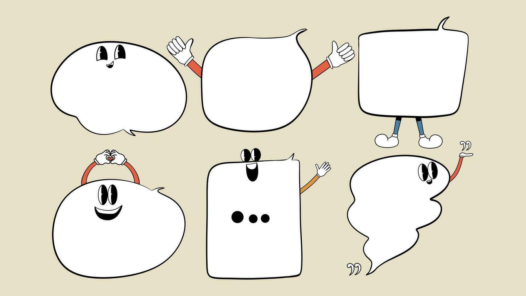 Various retro cartoon funny speech bubbles set. Message, cloud with text collection. Illustration in hand draw style. vector