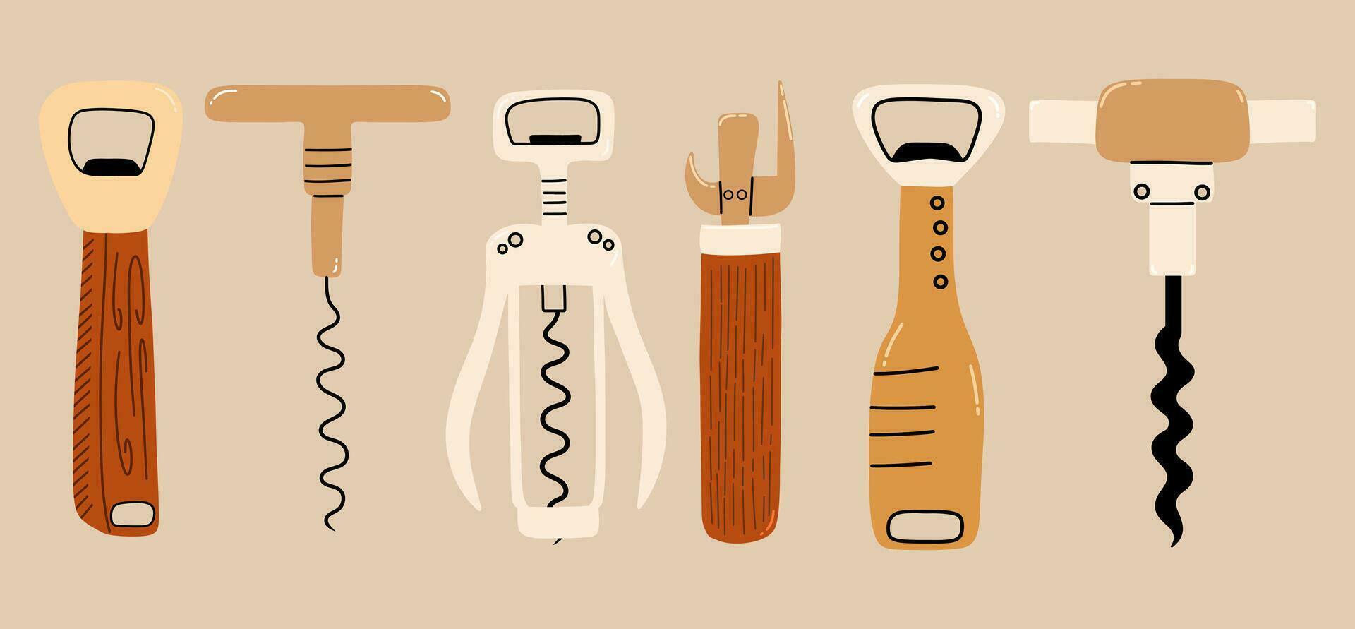 Set Of different bottle openers in flat style. Vector illustration.