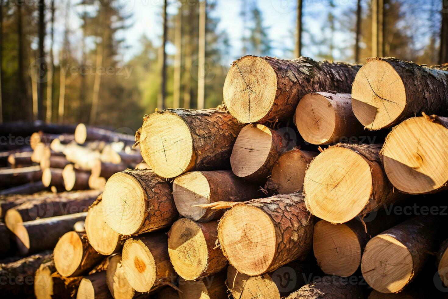 AI generated a pile of logs at the wild bokeh style background with Generative AI photo