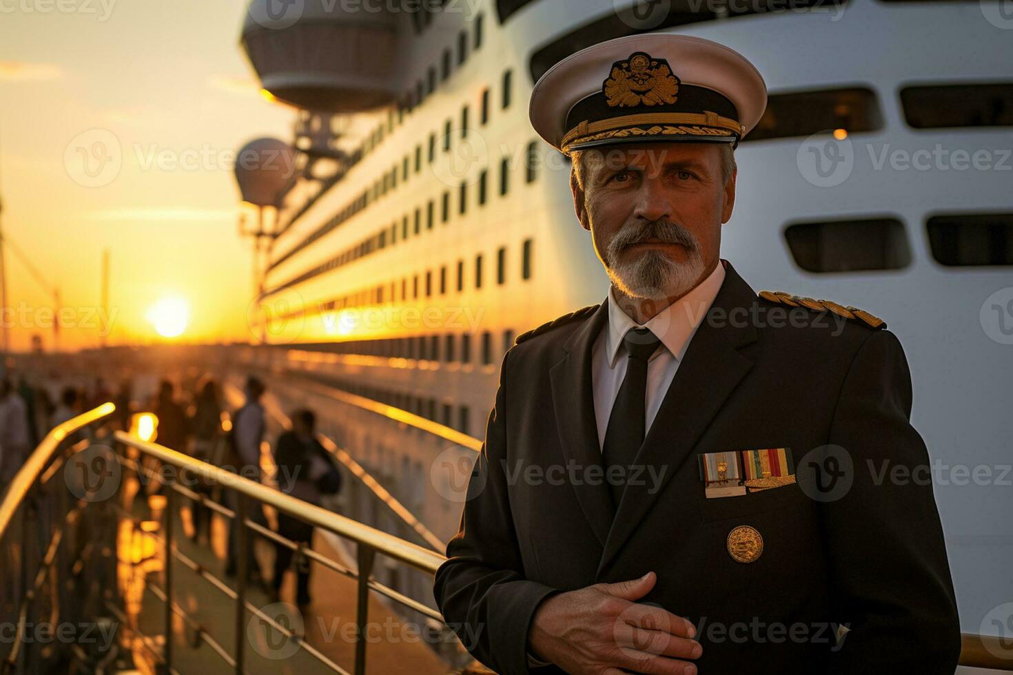 AI generated old male captain standing in front of the ship bokeh style background with Generated AI photo