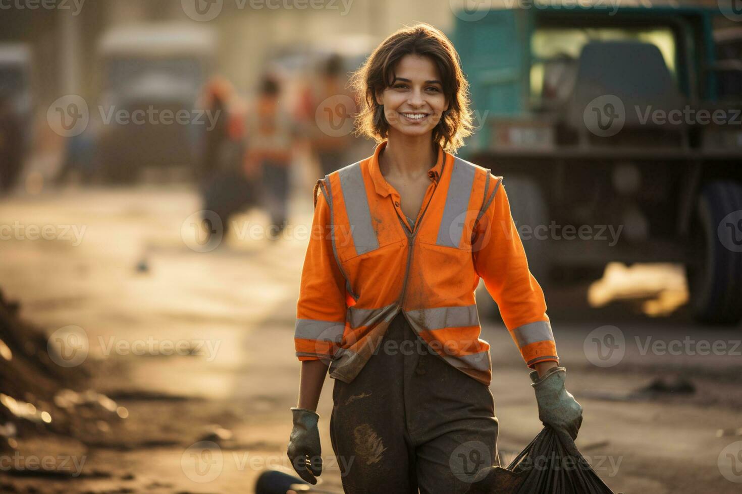AI generated a female street sweeper worker smiling bokeh style background with Generative AI photo