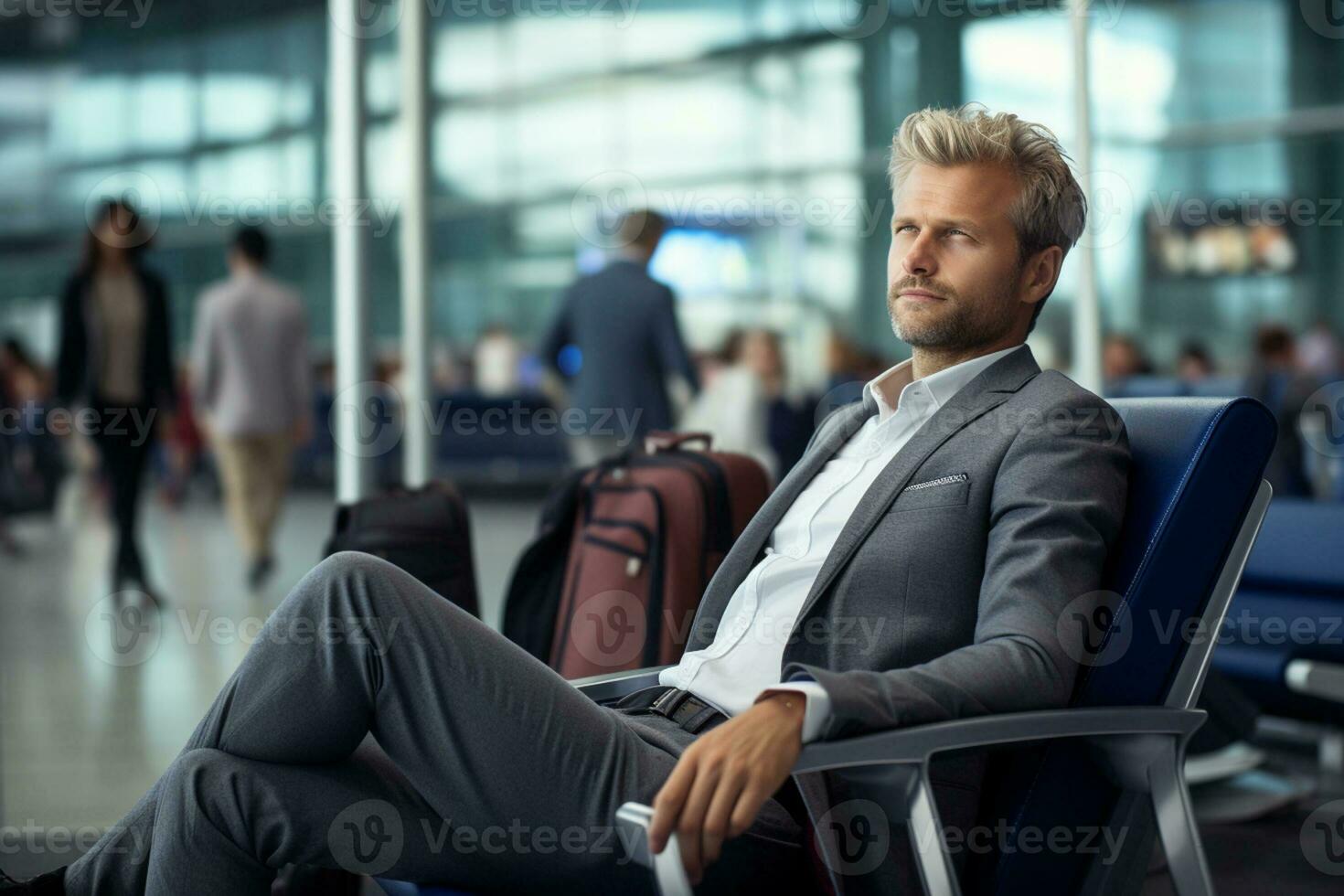 AI generated a business man sitting on the airport chair at the airport bokeh style background with Generative AI photo