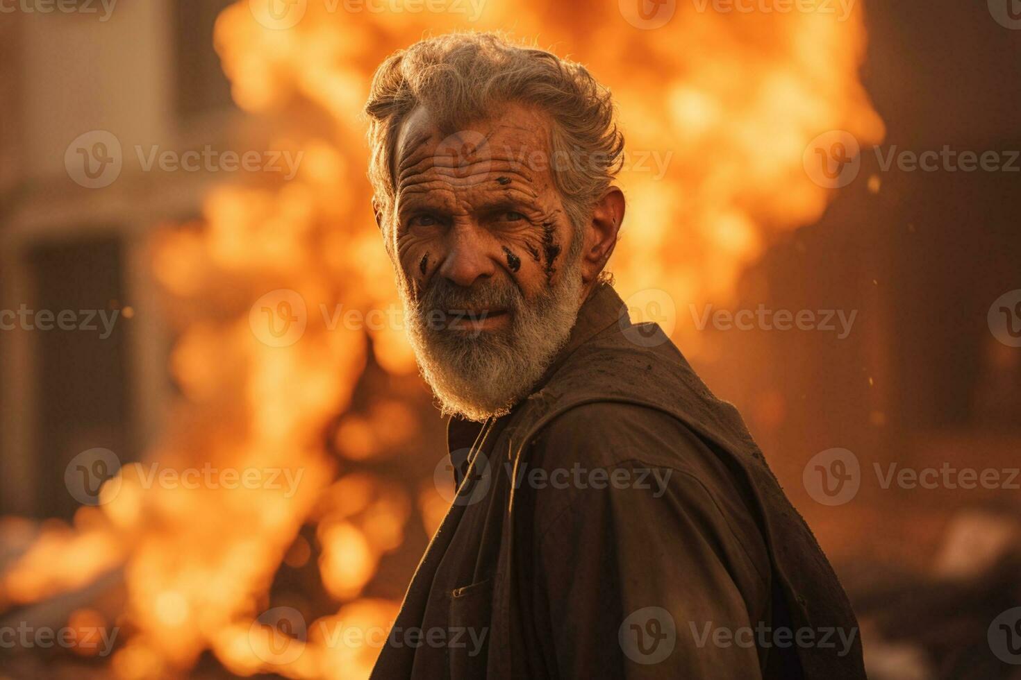 AI generated an old man standing in front of a burning building bokeh style background with Generative AI photo