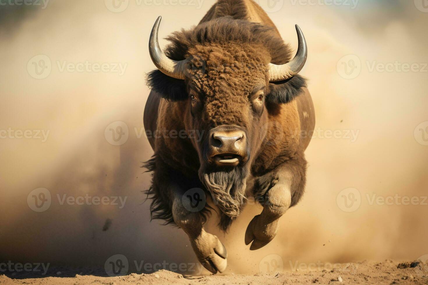 AI generated bighorn bull running through dust bokeh style background with Generative AI photo