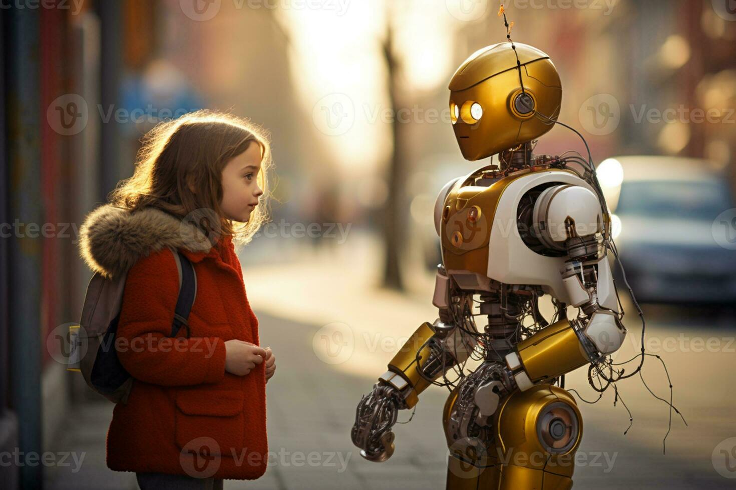 AI generated young girl talking with robot bokeh style background with Generative AI photo