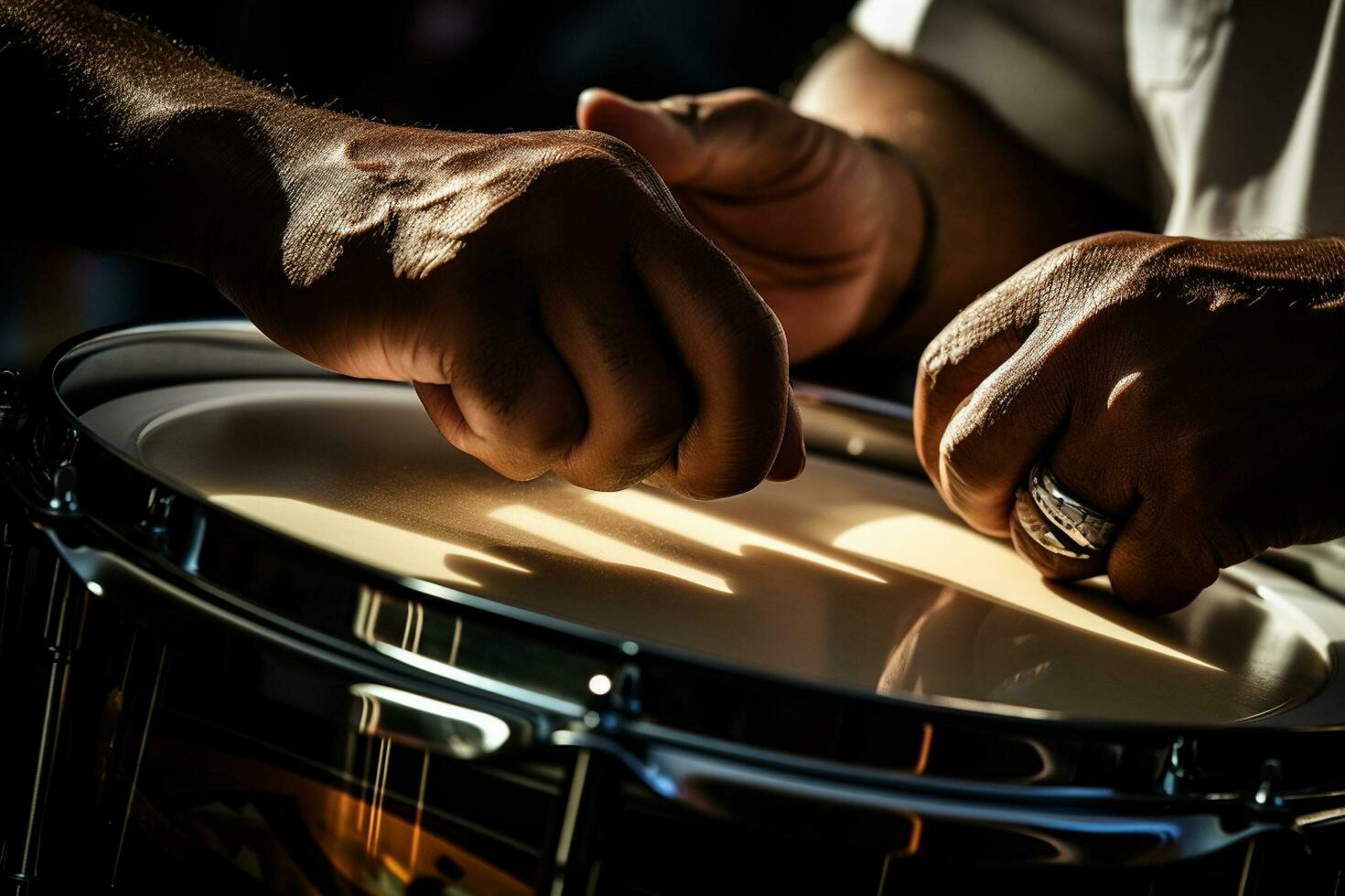 AI generated close up of hands playing drum bokeh style background with Generated AI photo