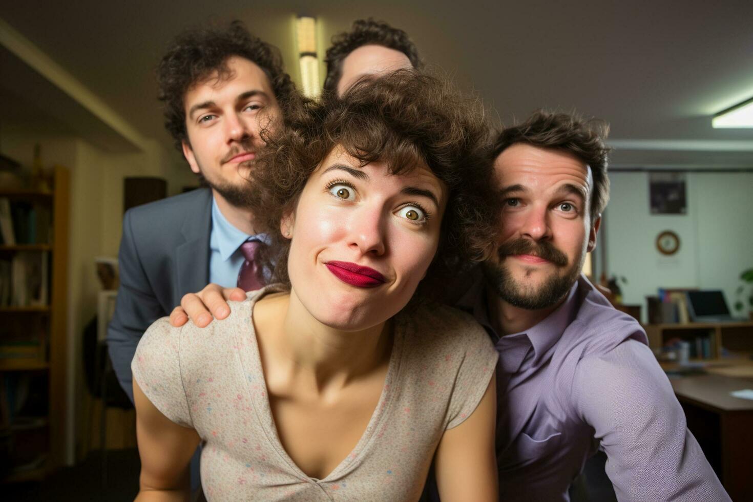 AI generated business teamwork smiling in the office bokeh style background with Generated AI photo