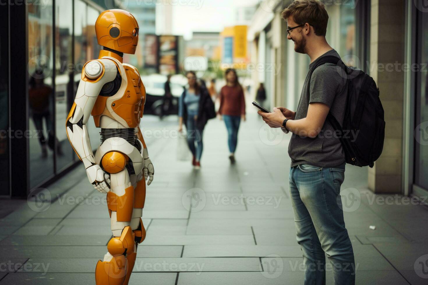 AI generated a man talking with robot bokeh style background with Generative AI photo