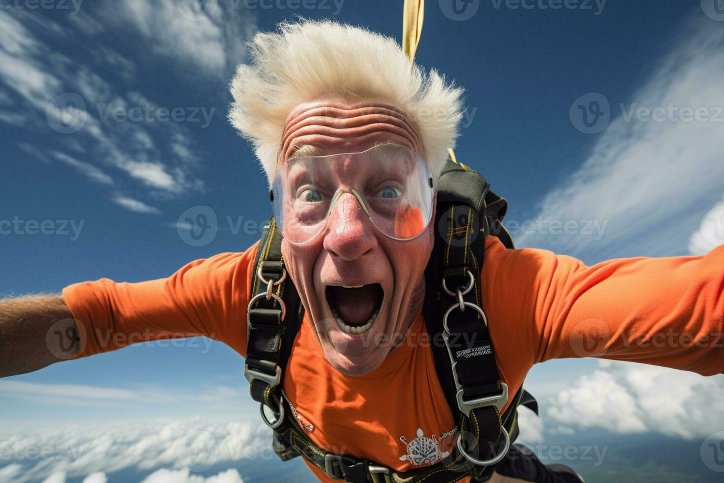 AI generated an old man taking a selfie while skydiving with Generated AI photo