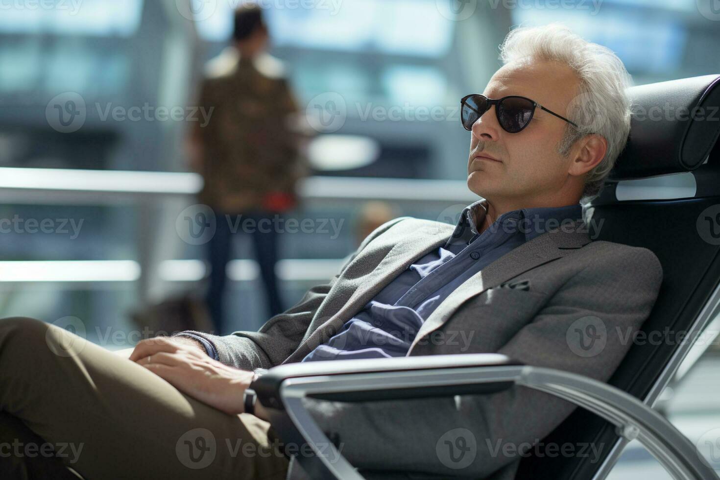 AI generated a middle age business man sitting on the airport chair at the airport bokeh style background with Generative AI photo