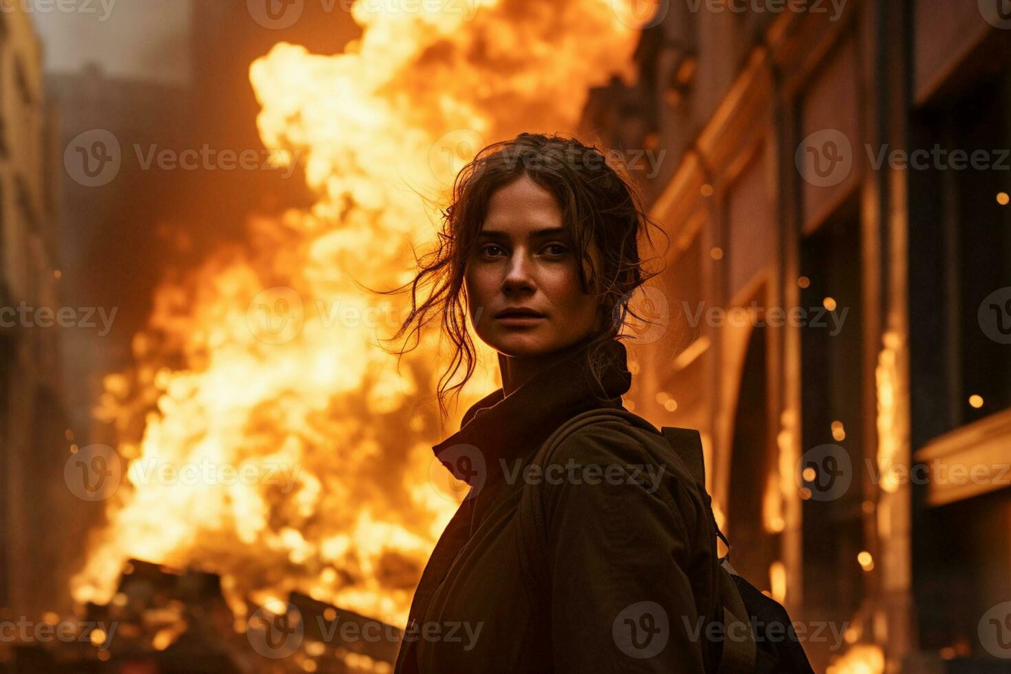 AI generated a woman standing in front of a burning building bokeh style background with Generative AI photo