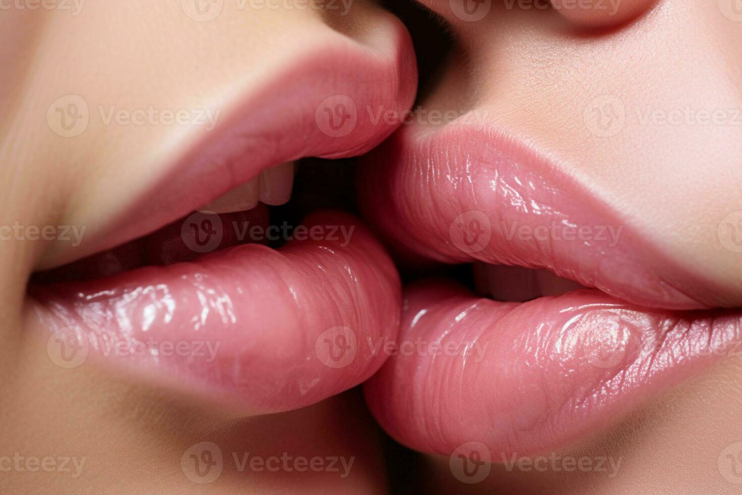 AI generated a close up of a two women's pink lips with Generative AI photo