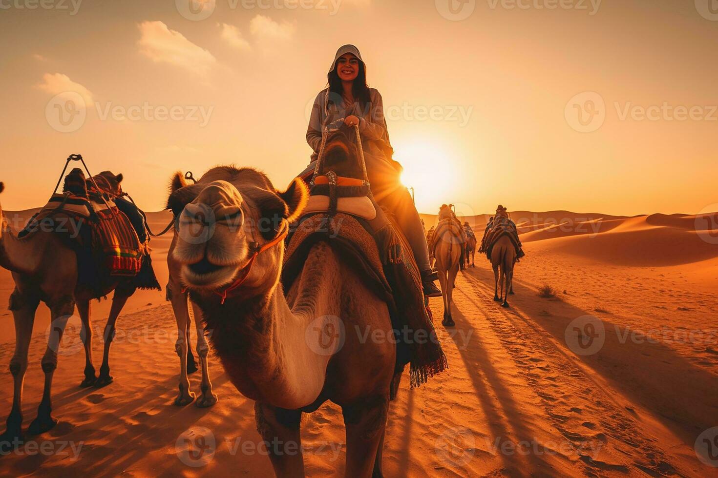 AI generated Joyful Tourist on Group Camel Ride in Desert photo