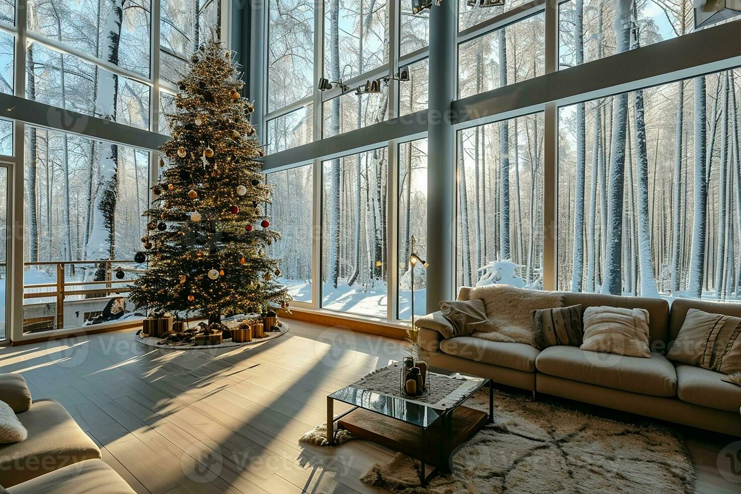 AI generated Spacious Living Room Festively Decorated with Christmas Tree and Snowy Forest View photo