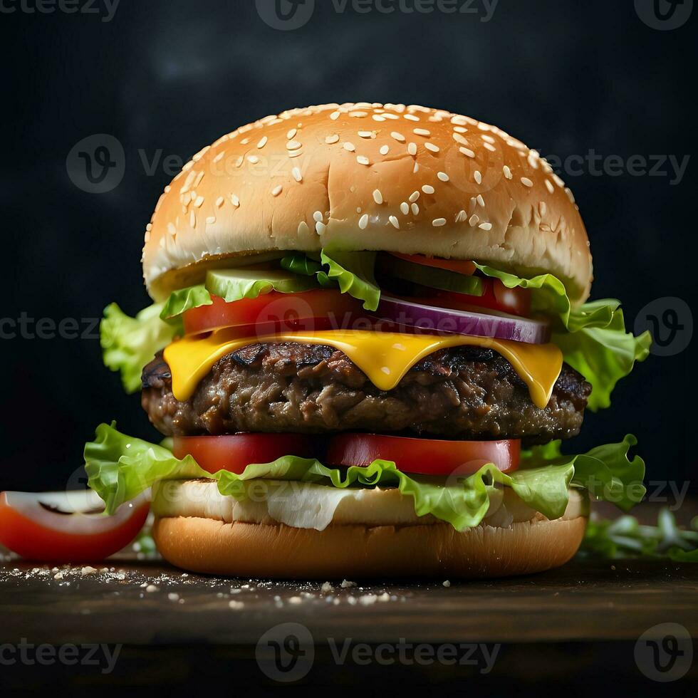 ai generado delicioso hamburguesa con jugoso carne, Derretido queso, y Fresco condimentos foto