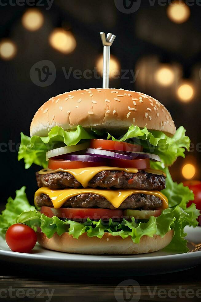 AI generated Delicious Burger with Juicy Meat, Melted Cheese, and Fresh Condiments photo