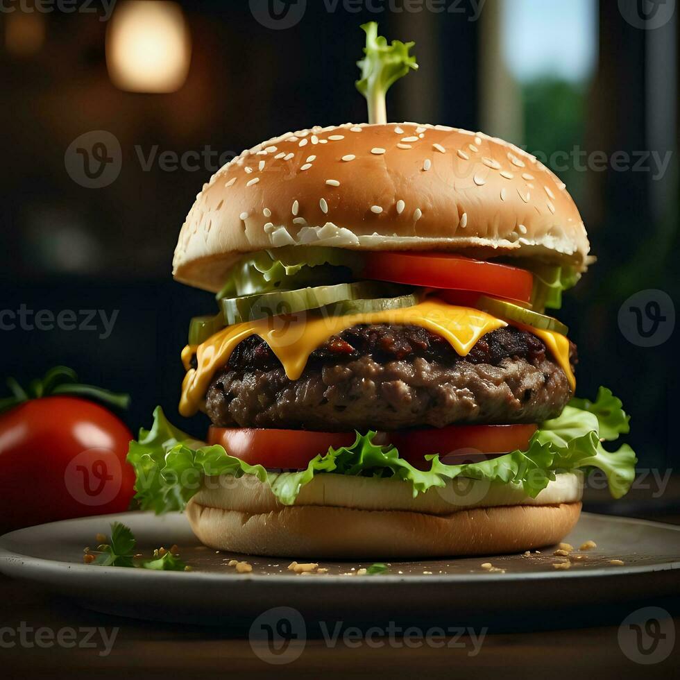 AI generated Delicious Burger with Juicy Meat, Melted Cheese, and Fresh Condiments photo