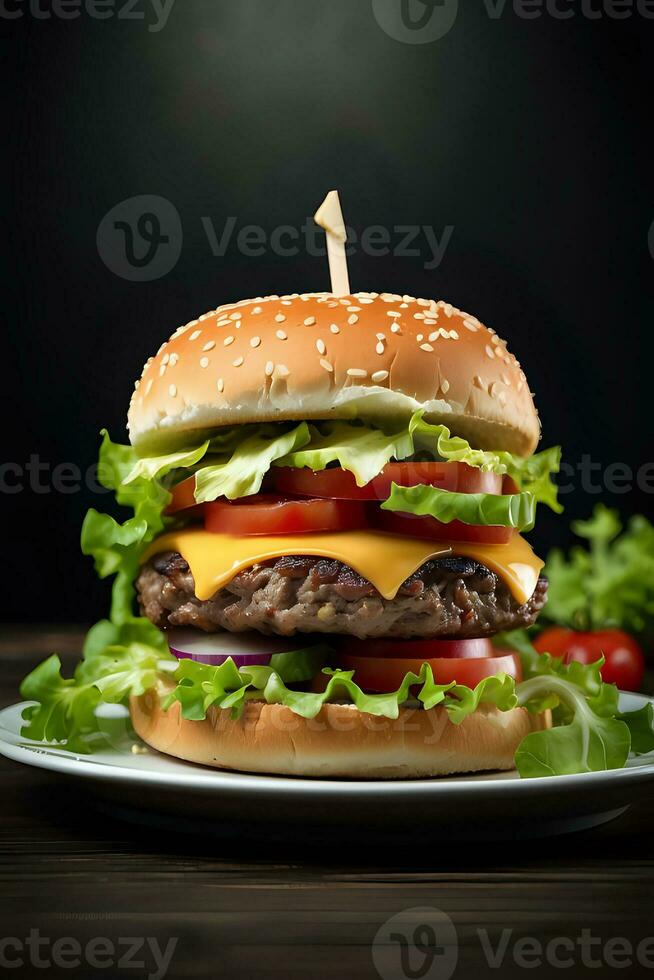 AI generated Delicious Burger with Juicy Meat, Melted Cheese, and Fresh Condiments photo