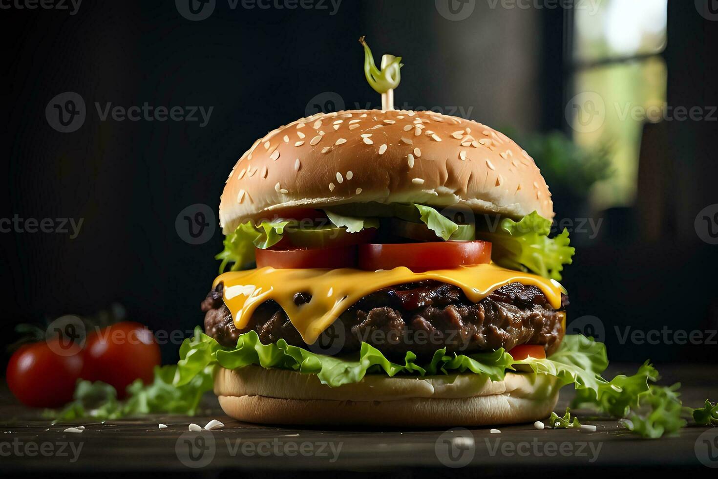 AI generated Delicious Burger with Juicy Meat, Melted Cheese, and Fresh Condiments photo