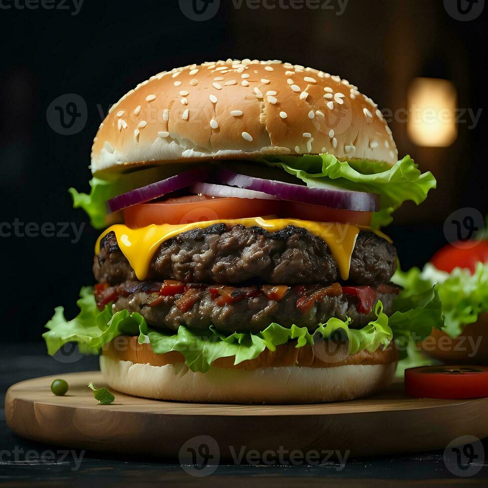 AI generated Delicious Burger with Juicy Meat, Melted Cheese, and Fresh Condiments photo