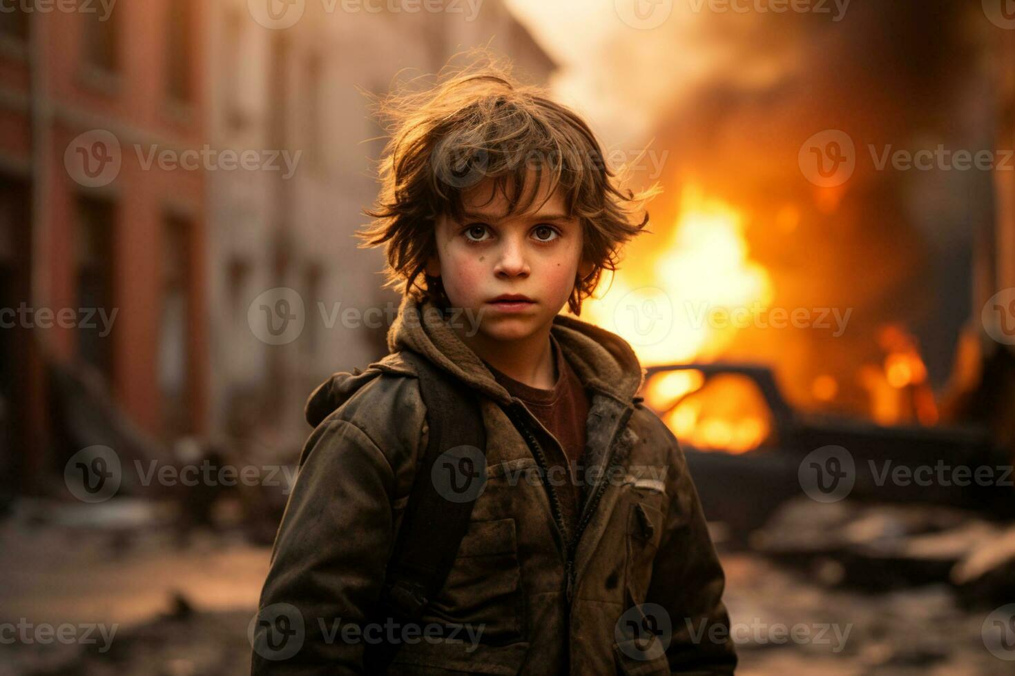 AI generated a young boy standing in front of a burning building bokeh style background with Generative AI photo