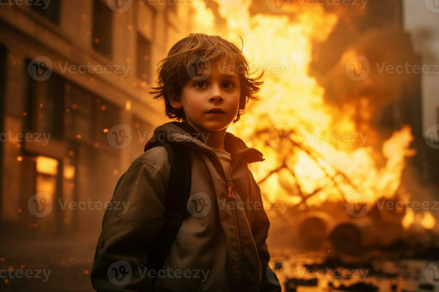 AI generated a young boy standing in front of a burning building bokeh style background with Generative AI photo
