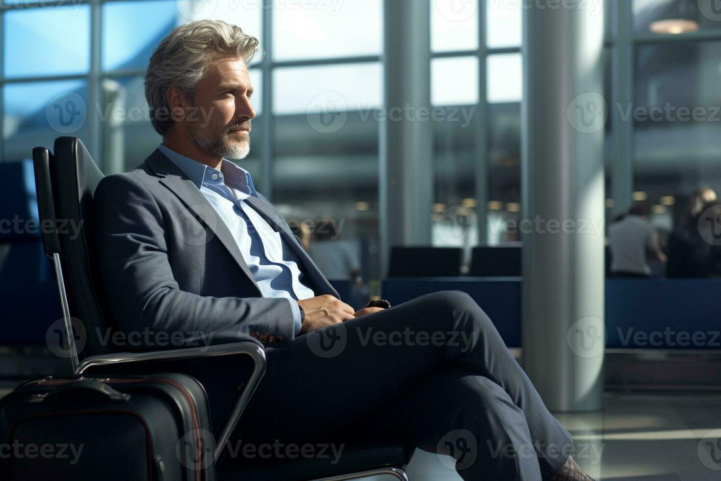 AI generated a middle age business man sitting on the airport chair at the airport bokeh style background with Generative AI photo