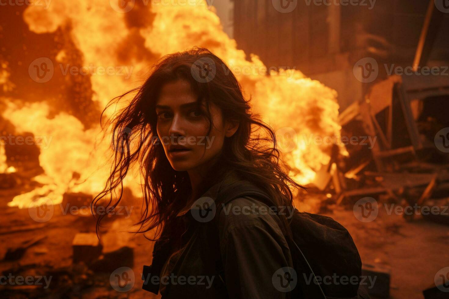 AI generated a woman standing in front of a burning building bokeh style background with Generative AI photo