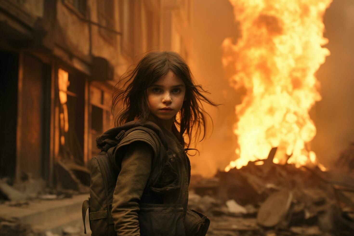 AI generated a young girl standing in front of a burning building bokeh style background with Generative AI photo