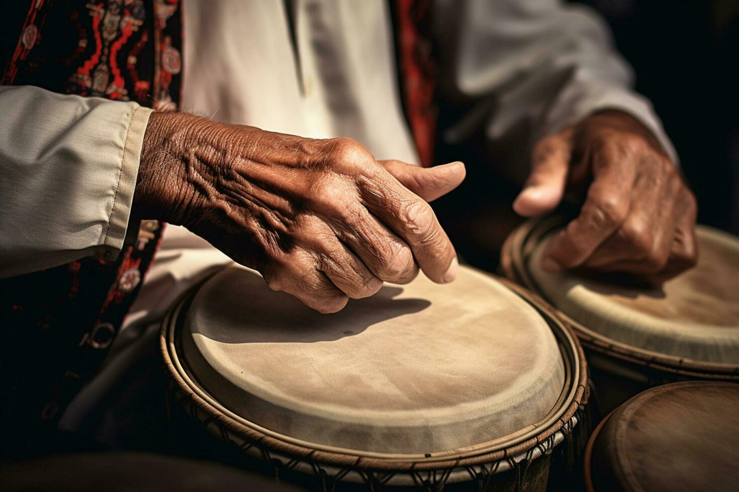 ai generado cerca arriba de manos jugando tambor bokeh estilo antecedentes con generado ai foto