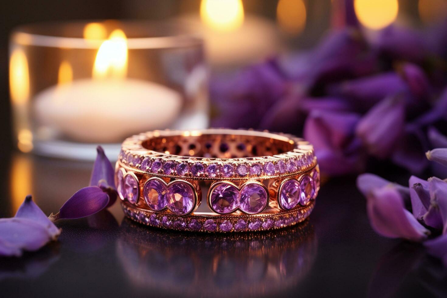 AI generated rose gold and purple gemstone ring bokeh style background with Generated AI photo