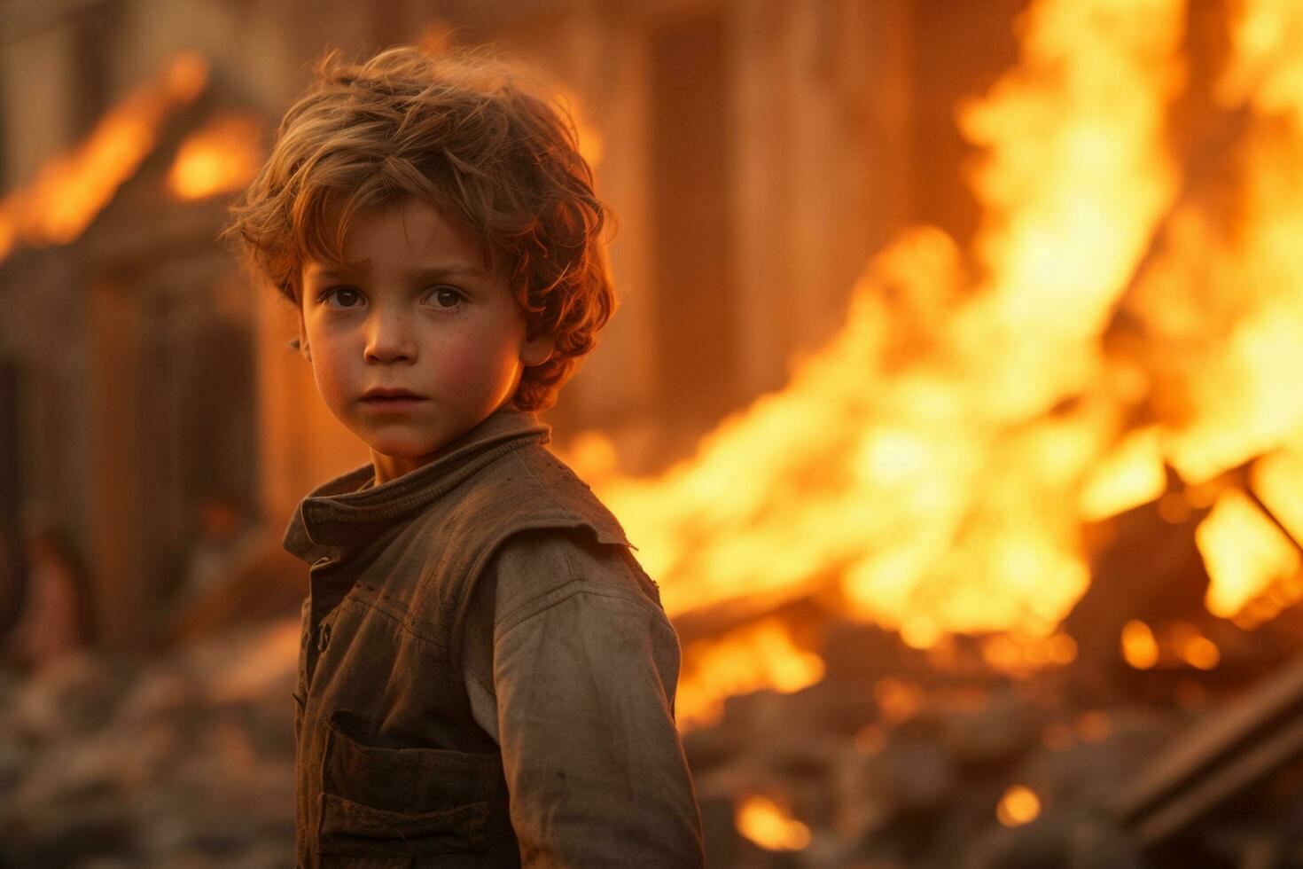 AI generated a young boy standing in front of a burning building bokeh style background with Generative AI photo