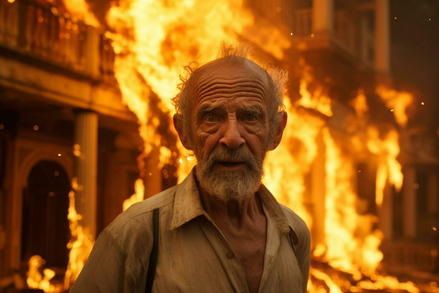 AI generated an old man standing in front of a burning building bokeh style background with Generative AI photo