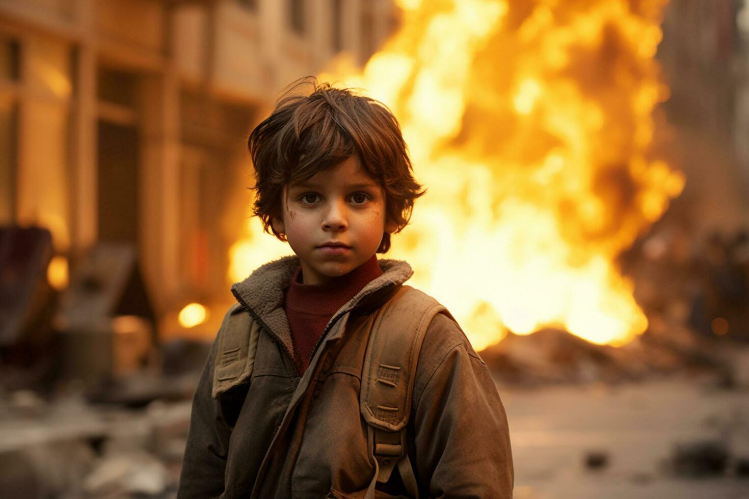 AI generated a young boy standing in front of a burning building bokeh style background with Generative AI photo