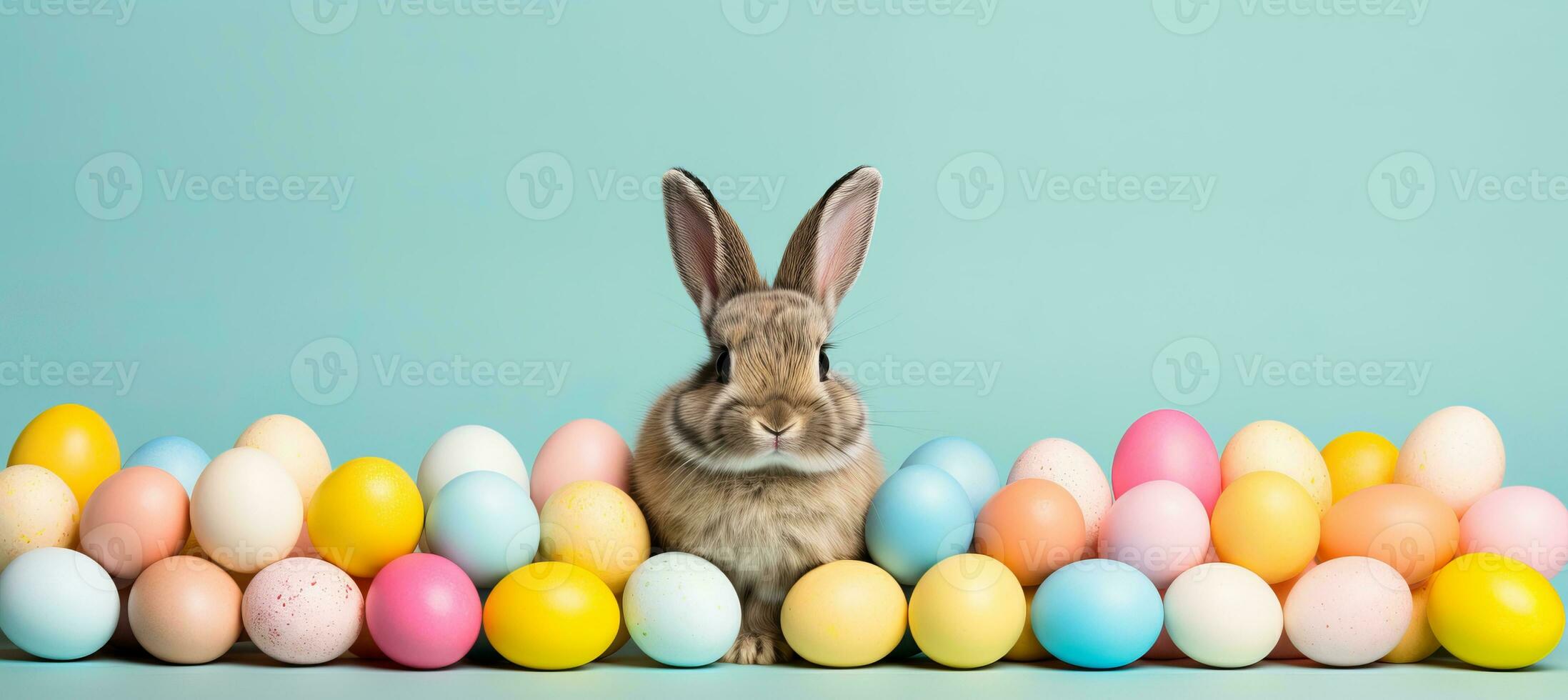 AI generated Easter bunny rabbit with egg on pastel spring background, isolated with copy space for text photo