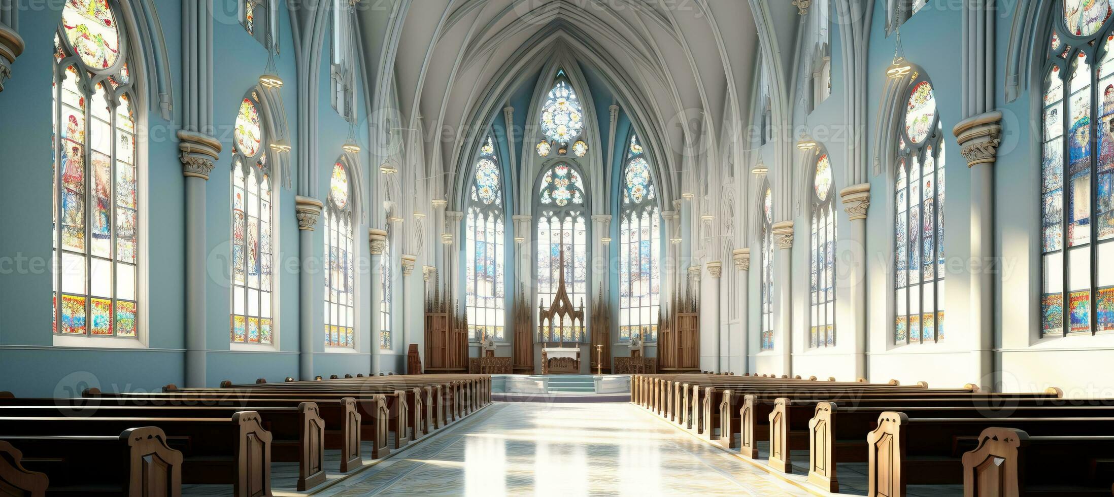 AI generated serene easter sunday church interior with radiant light streaming through stained glass windows photo