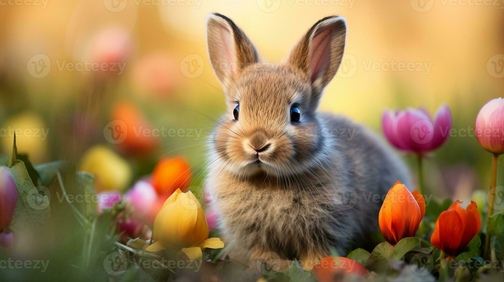 AI generated Cute easter bunny with colorful eggs in flowery meadow, vibrant spring colors and copy space photo