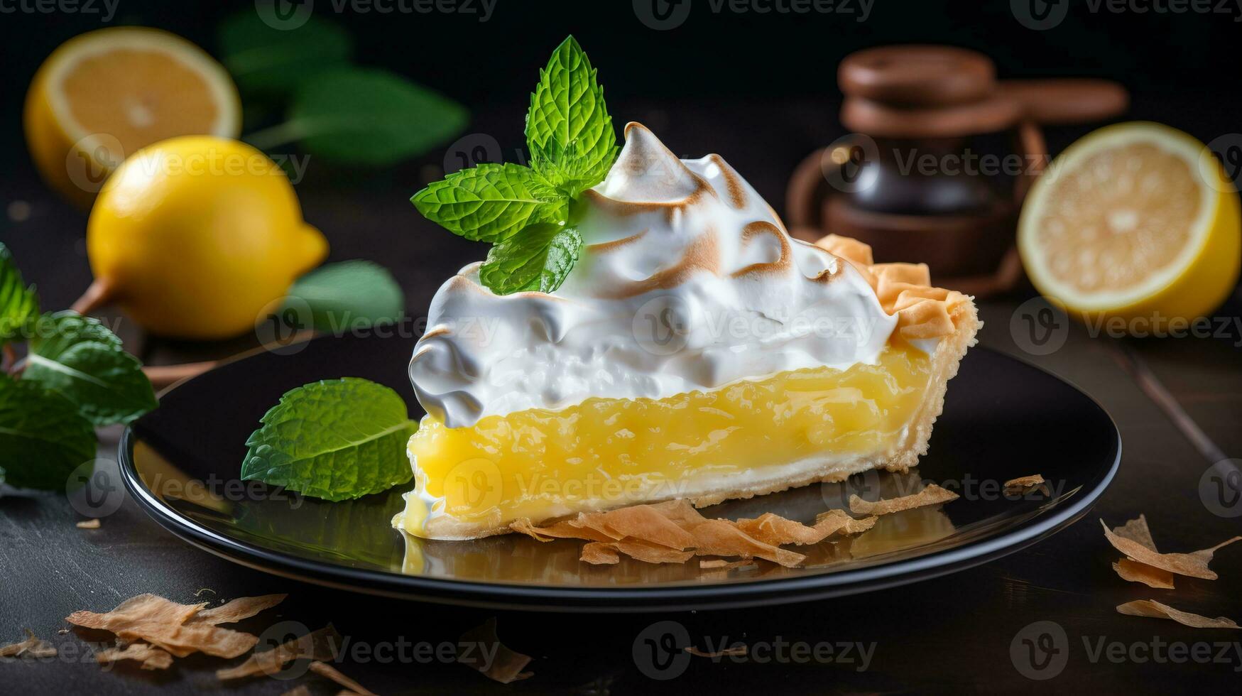 AI generated Delicious lemon meringue pie with fresh lemons and fluffy meringue topping for breakfast or dessert photo