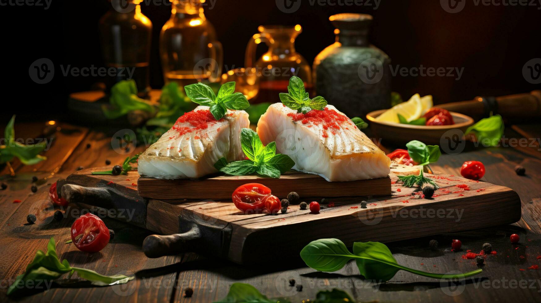 AI generated Fresh cod fillets with herbs and lemon   premium raw seafood for cooking and culinary creations photo