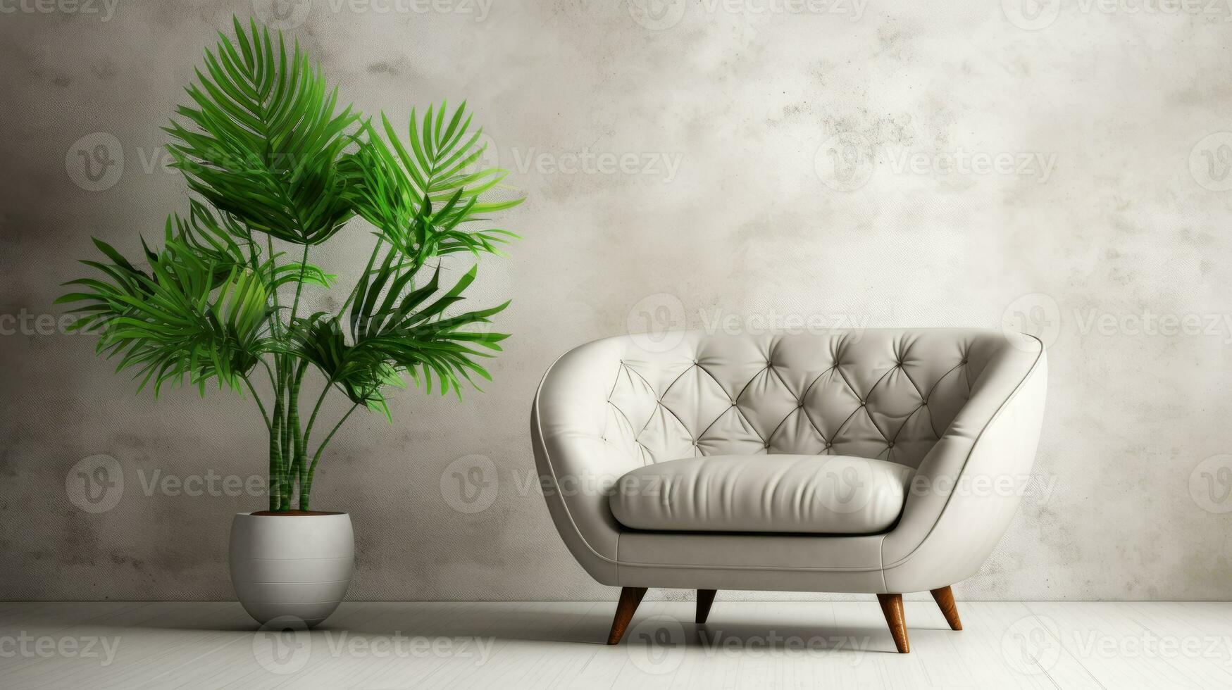 AI generated Minimalist armchair on white concrete wall with empty picture frame and canvas mockup photo