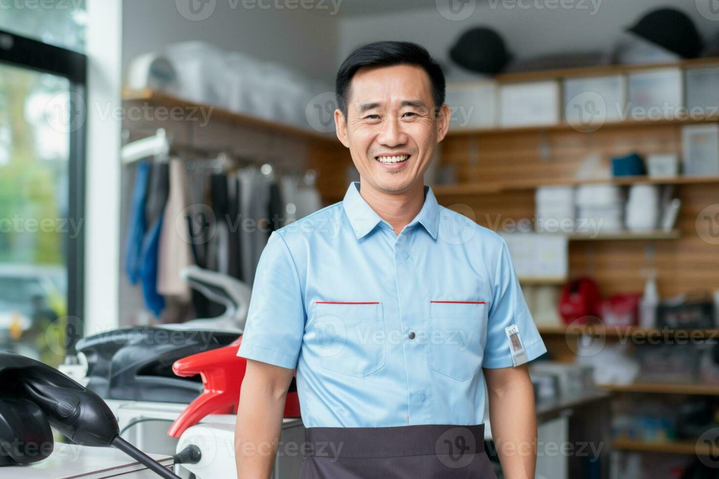 AI generated asian handyman smiling in his workshop bokeh style background with Generated AI photo
