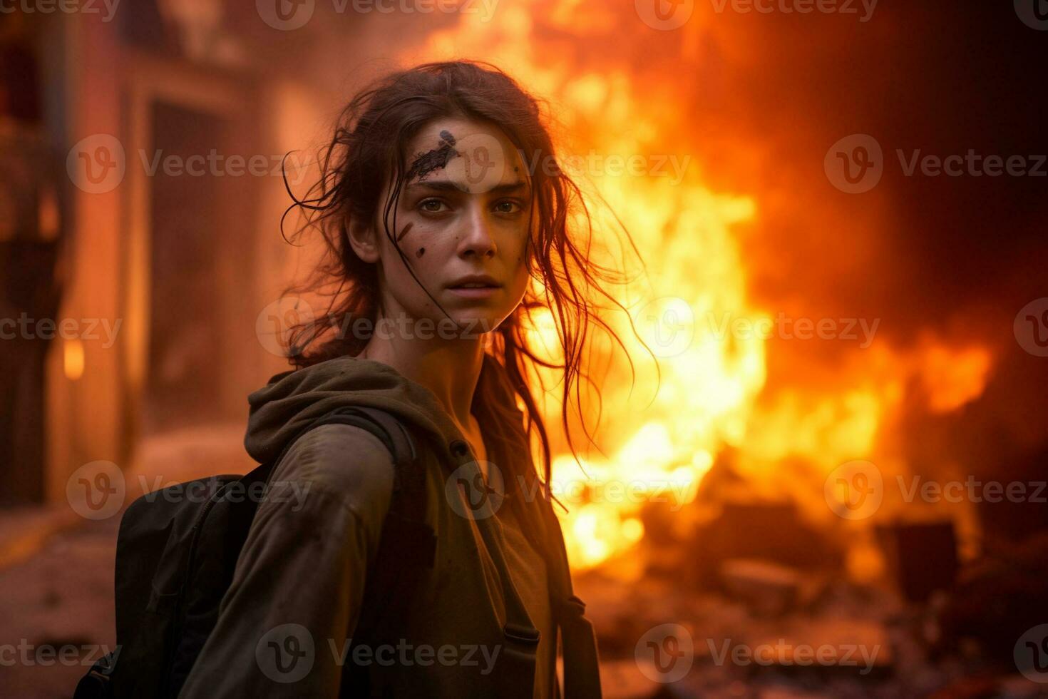 AI generated a woman standing in front of a burning building bokeh style background with Generative AI photo