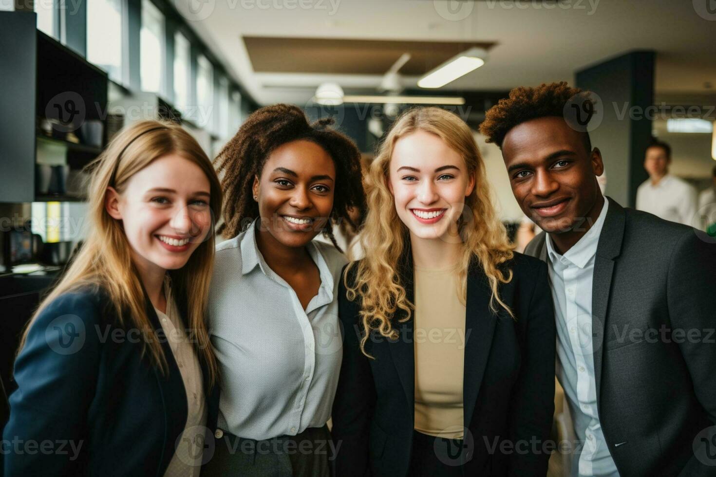 AI generated business teamwork smiling in the office bokeh style background with Generated AI photo