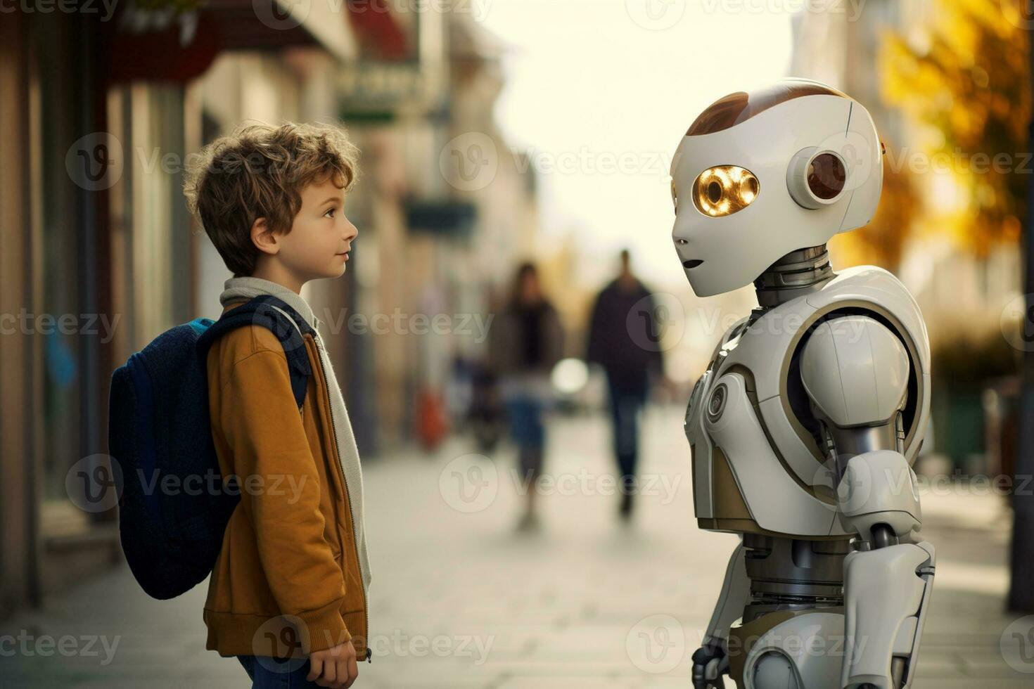 AI generated young boy talking with robot bokeh style background with Generative AI photo