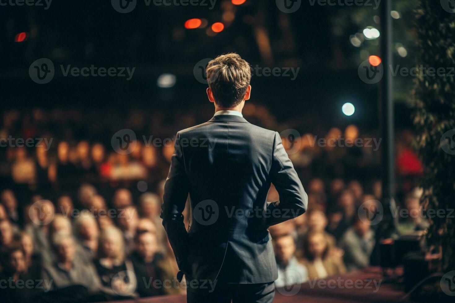 AI generated a man speaking in front of crowd people bokeh style background with Generative AI photo