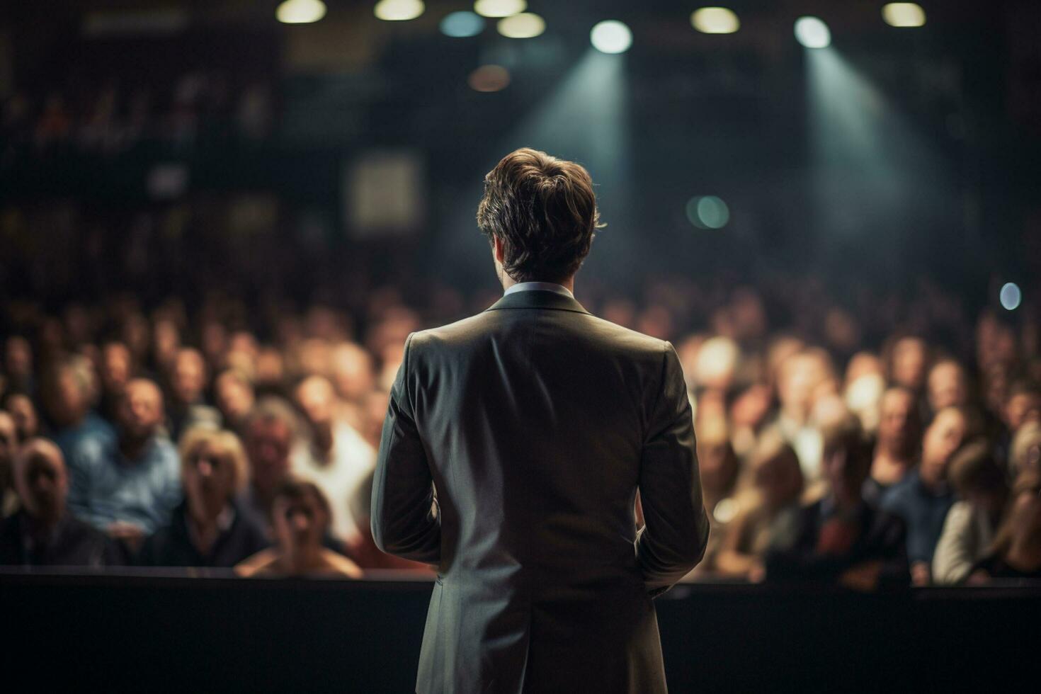 AI generated a man speaking in front of crowd people bokeh style background with Generative AI photo