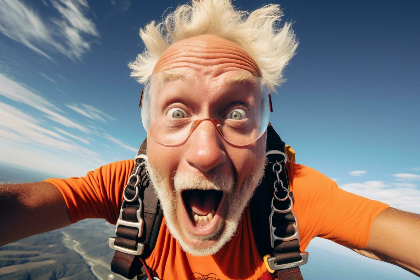 AI generated an old man taking a selfie while skydiving with Generated AI photo