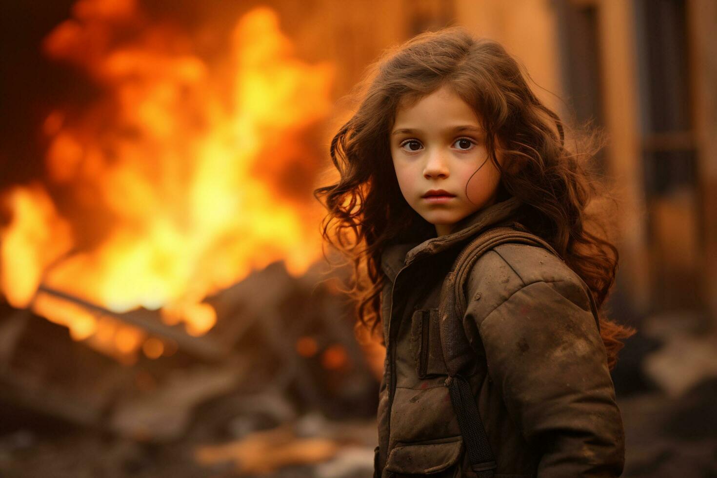 AI generated a young girl standing in front of a burning building bokeh style background with Generative AI photo